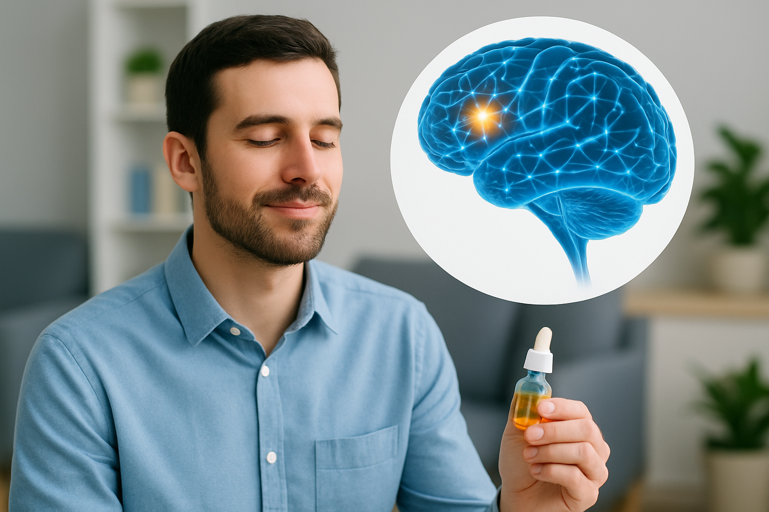 Illustration eines menschlichen Gehirns mit hervorgehobenen neuronalen Netzwerken und Serotonin-Rezeptoren