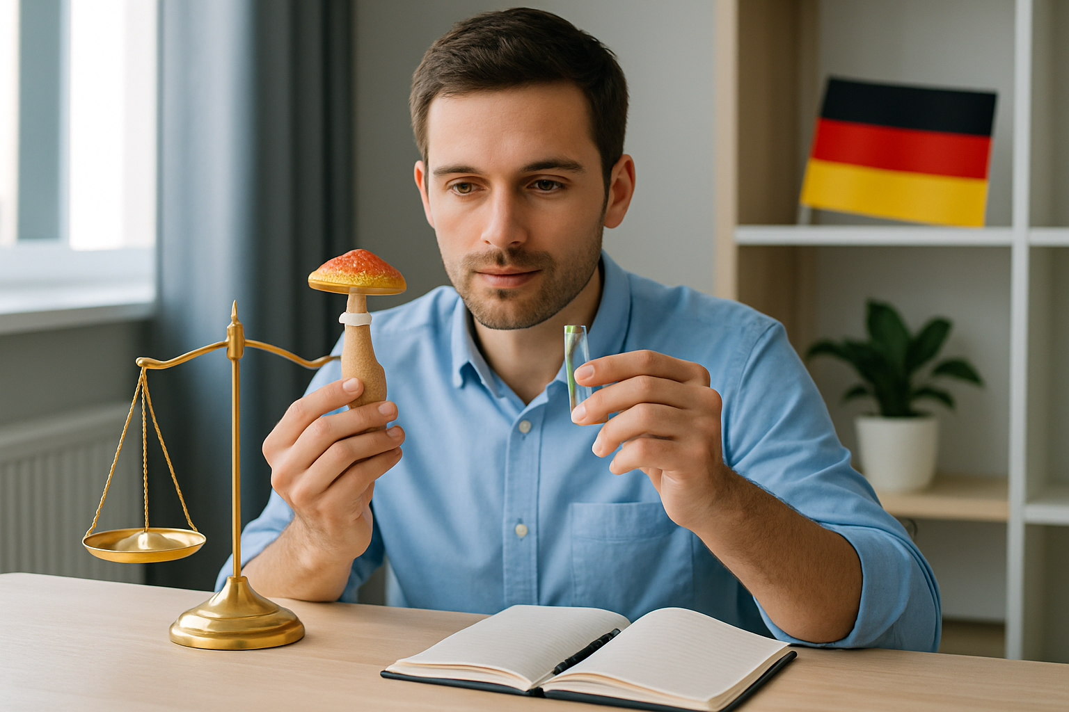 Paragrafenzeichen und Waage symbolisieren die rechtliche Situation von Microdosing in Deutschland